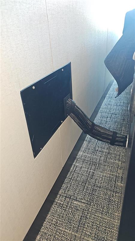 Structured cabling installation - organized cable bundle routed through wall panel